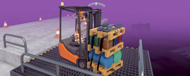 《极限叉车3》游戏主界面展示，画面中一辆黄色叉车停放在仓库前，背景为工业风格的货场环境