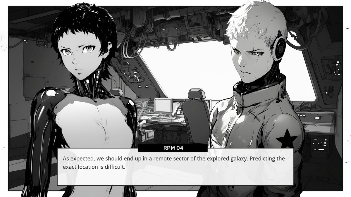 游戏过场漫画分镜，描绘宇航员在舱内发现同伴尸体，画面呈黑白处理，线条粗犷，充满张力