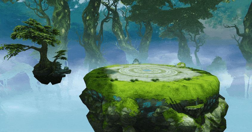 应龙在悬天神木中盘踞于浮岛中央，周身环绕水与雷电元素，气势磅礴