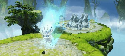 少侠使用钩锁飞跃空中，身后是漂浮的岛屿与旋转的能量球