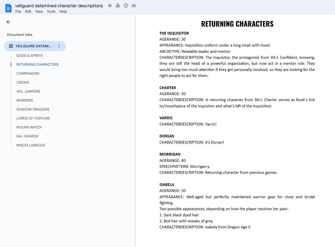 玩家制作的《龙腾世纪：影幛守护者》角色阵营分类表格截图，页面密密麻麻列出多个角色及其所属势力与年龄信息