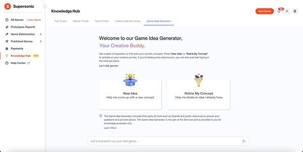 游戏创意生成器界面展示，左侧为输入参数选项，右侧为AI生成的游戏概念卡片，包含标题、玩法简介与视觉草图