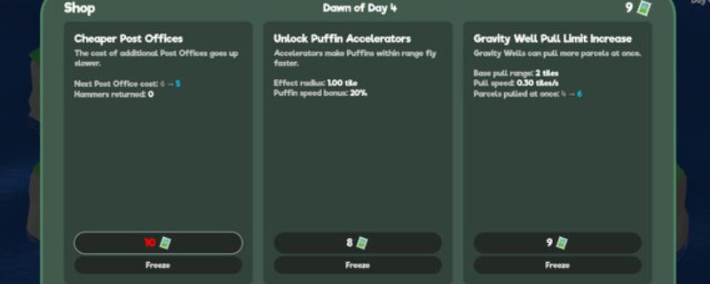 《Puffin Parcel Post》游戏主界面展示，画面中有一只卡通风格的海鹦站在雪地中，背景是北欧风格的小木屋和飘落的雪花