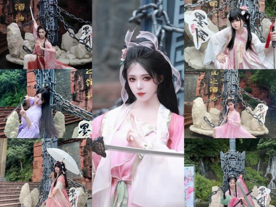 峨眉山第一山亭前游客打卡《墨剑江湖》主题装置，背景可见‘墨剑’雕塑与游戏立牌