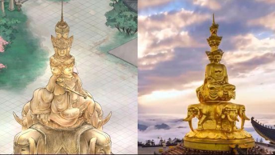 游戏角色演示峨眉剑法动作，身姿灵动，剑光流转，背景为云雾缭绕的山门