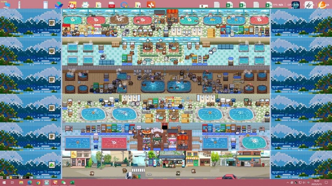 温泉设计展界面，展示多层建筑布局与不同风格的水池设计