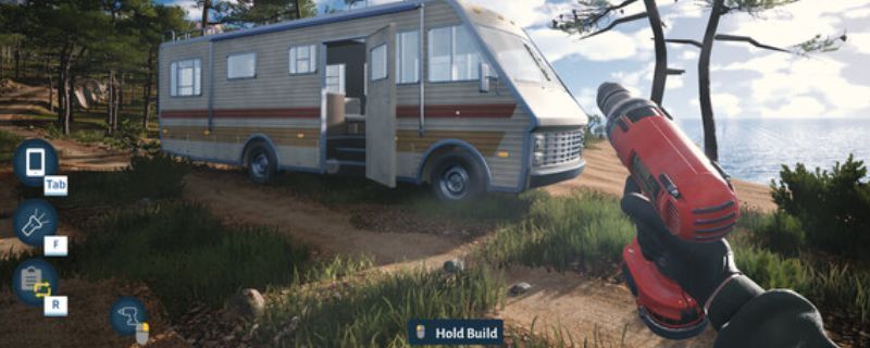 《巴士翻转模拟机》游戏主界面展示，一辆双层巴士停在斜坡平台上，背景为卡通风格城市景观