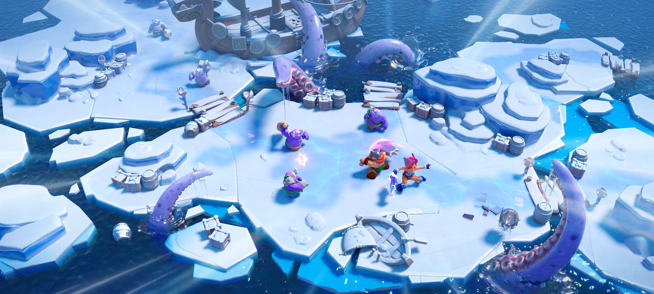 3D风格的游戏地图场景，包含火山、石像、藤蔓等元素，充满原始部落风情