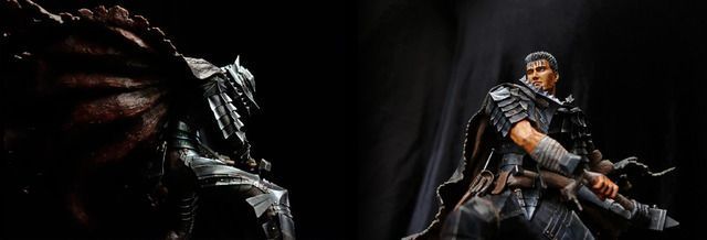 格斯雕像正面特写，展现其愤怒表情与破损铠甲，周围暗黑能量流动，底座刻有‘In Memory of Miura’字样