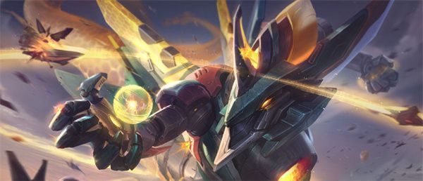 奥德赛羁绊成员集体展示图，希维尔持弓站立，墨菲特与慎守护两侧，吉格斯与崔斯特位于后方释放技能特效