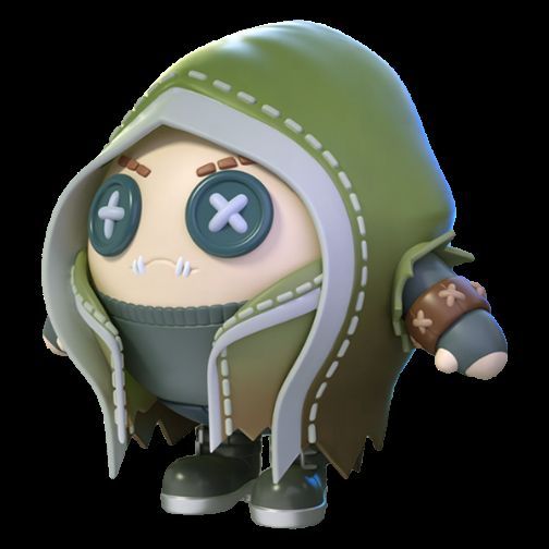 佣兵角色立绘，身着连帽披风摆出战斗姿势，背景为废墟战场