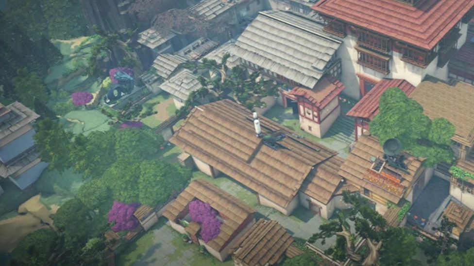 亚海悬城包点区域示意图，展示可关闭门机制与攻防路线