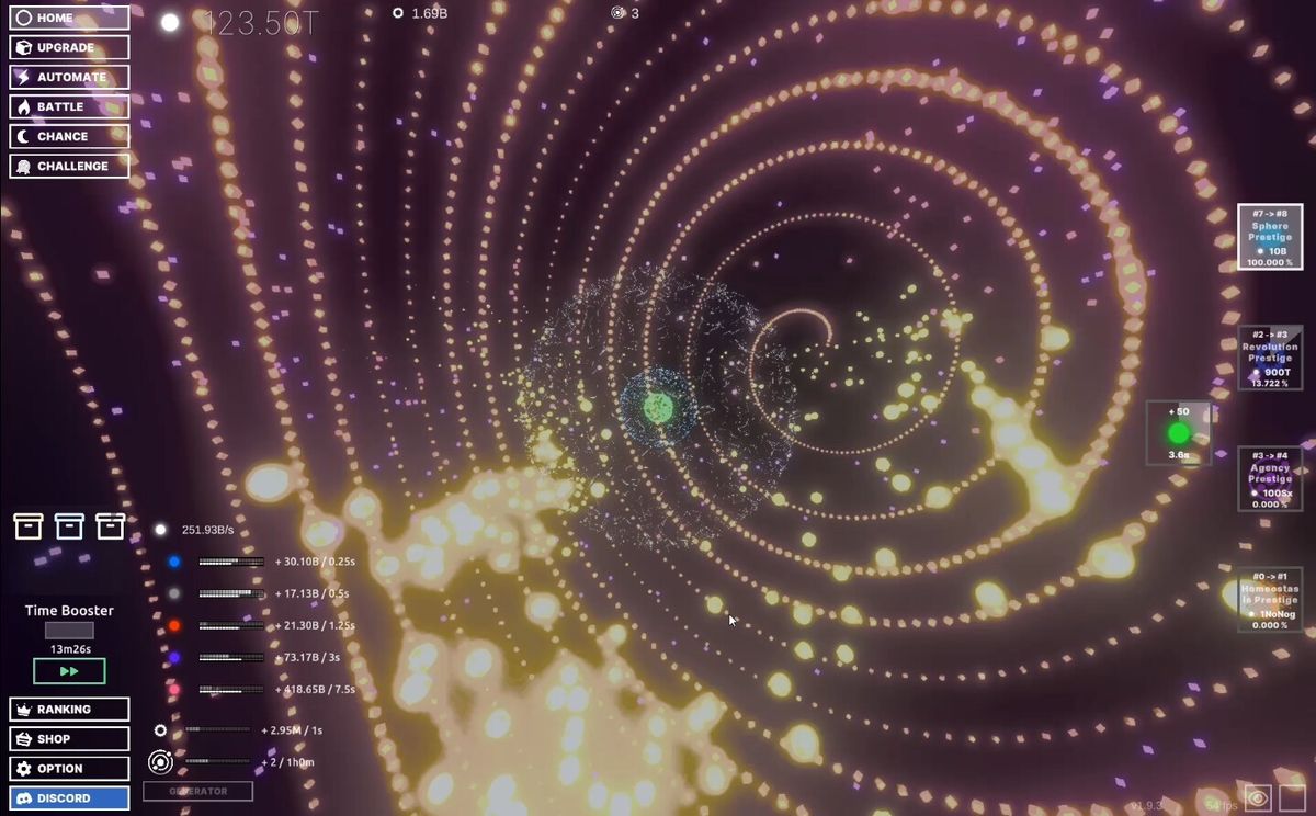 游戏中期场景展示，多个发光球体围绕核心旋转，背景呈现渐变星云效果，科技感十足