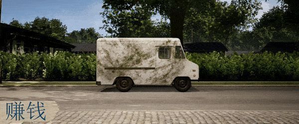 一辆小型货车被改造成移动餐车，外部设有折叠窗口和菜单牌，正在街头营业