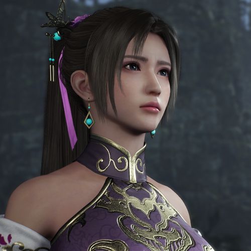 貂蝉正面立绘展示，身着飘逸长裙，发饰精美，眼神坚定，背景为古典亭台