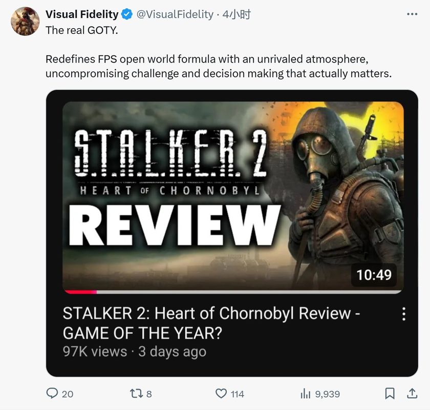 玩家在TGA推文下的评论截图，写着‘《潜行者2》才是真正的年度游戏’