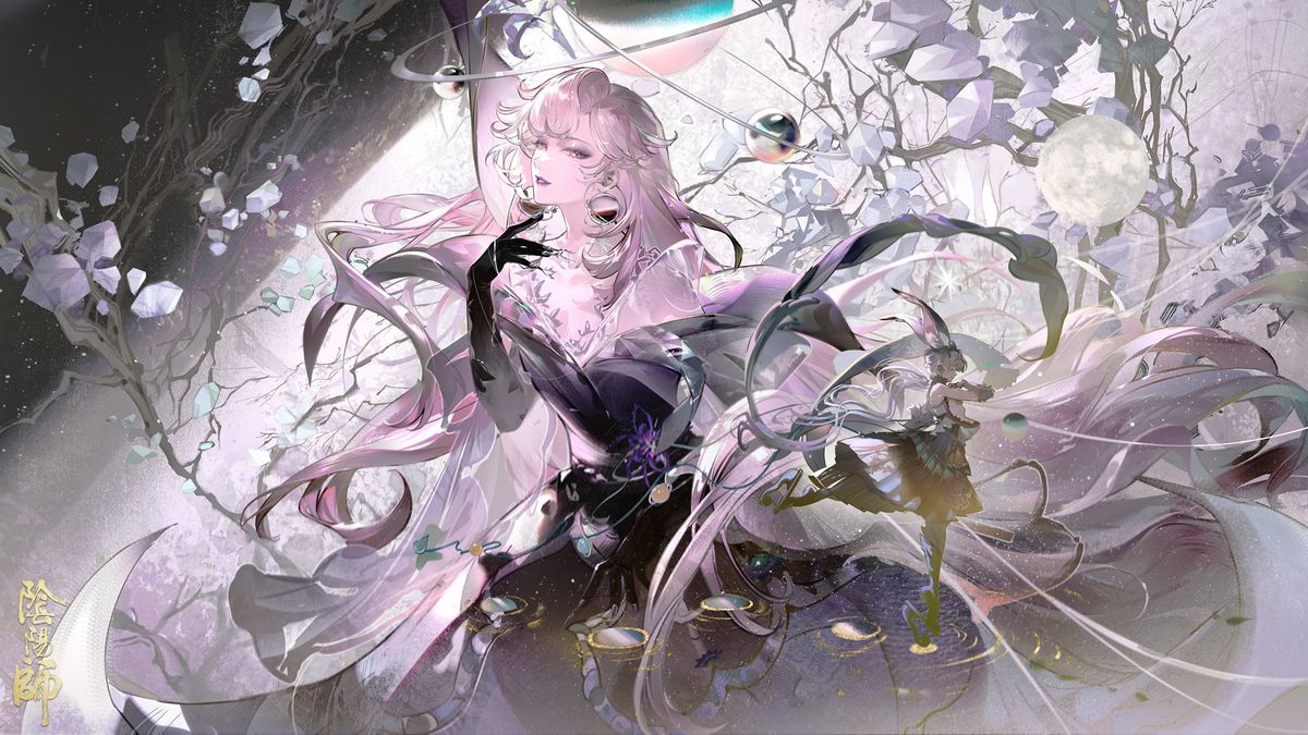 专属插画‘晓月华舞’动态场景，月读命在星空下起舞，周围花瓣与星光交织，画面充满诗意与神性