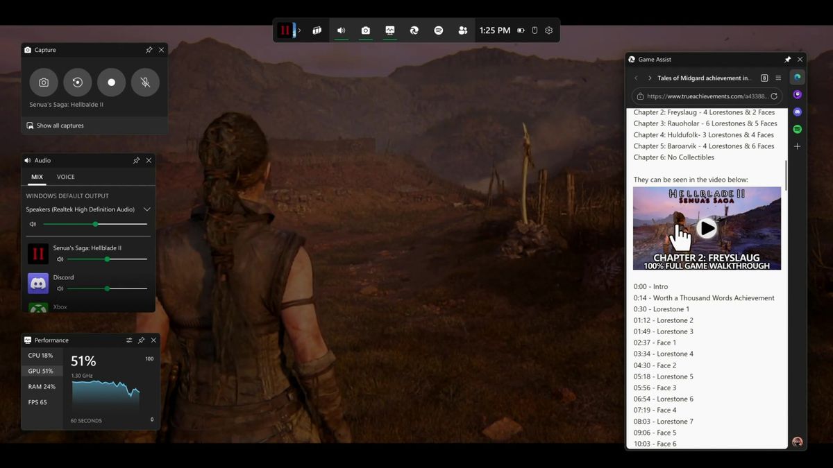 Edge Game Assist界面展示，浏览器悬浮于游戏上方，显示游戏攻略页面