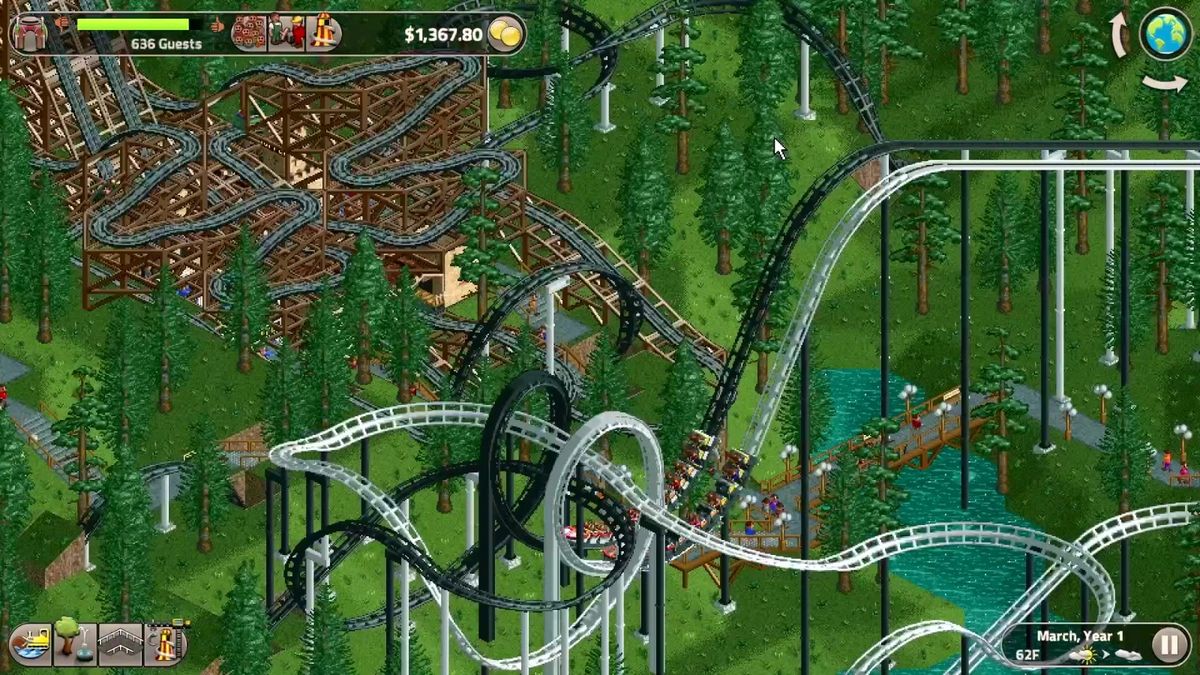 玩家在Switch上建造过山车的界面截图，显示轨道设计与速度预览功能