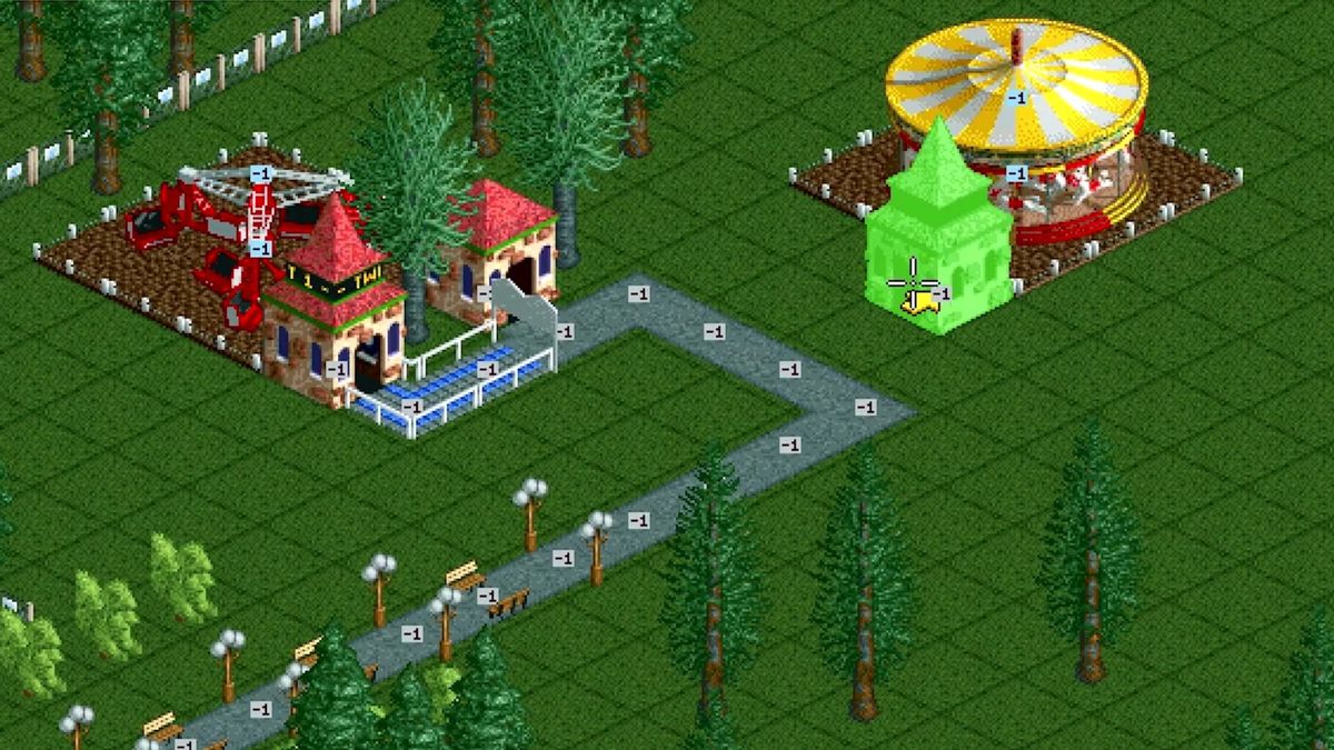 游乐园全景视角，多种游乐设施错落有致，游客络绎不绝