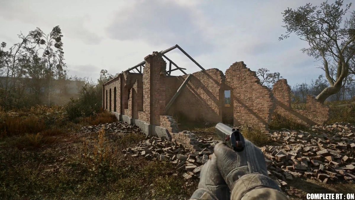 开启Reshade光追后的《潜行者2》室内场景，墙壁与地面的光影细节极为真实，光线透过缝隙形成清晰的光束