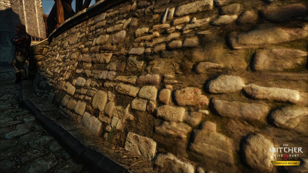 Mod前后对比图，左侧为原版画面，右侧为高清重制后，草地与岩石细节明显增强