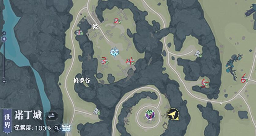 修罗谷地形俯视图，标注了七个宝箱的具体位置，突出显示洞穴、花田路径与悬崖跳跃点