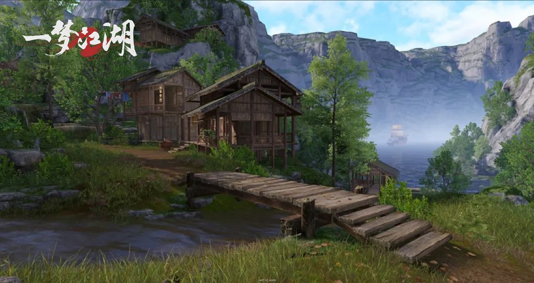 楚人村全景图，层层梯田环绕山腰，村舍错落其间，远处云雾缭绕