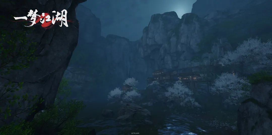 长生里雾气弥漫，渡者身披黑袍，引领尸身走向渡船，背景是昏黄的灯笼与江岸