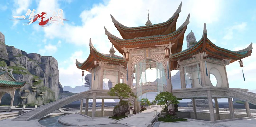 谢天奉祭祭坛矗立于瀑布之上，娲皇圣像被锁链缠绕，四周灯火通明