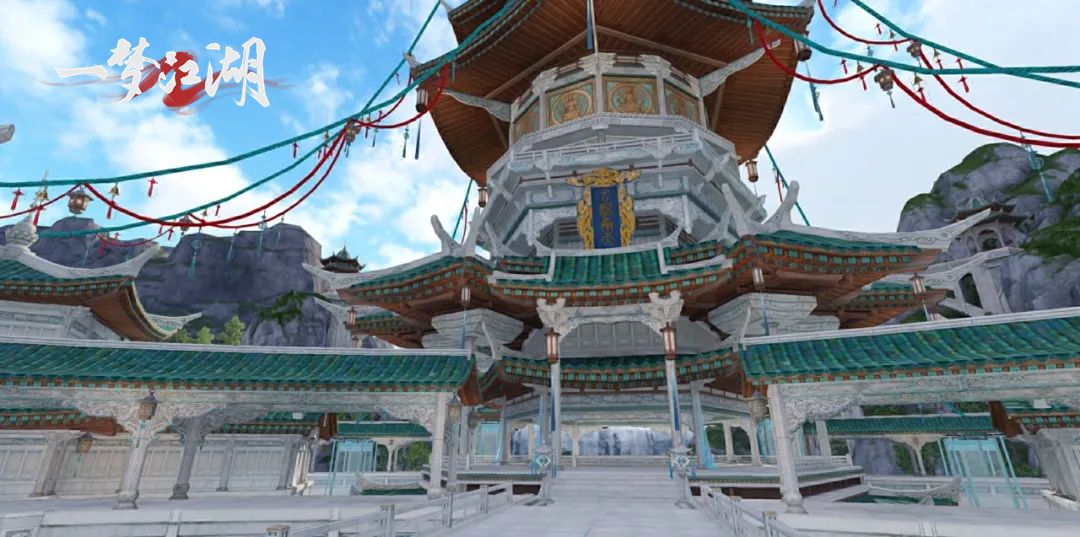 云泥承天主楼巍然屹立，双层结构环绕神树，灯火通明