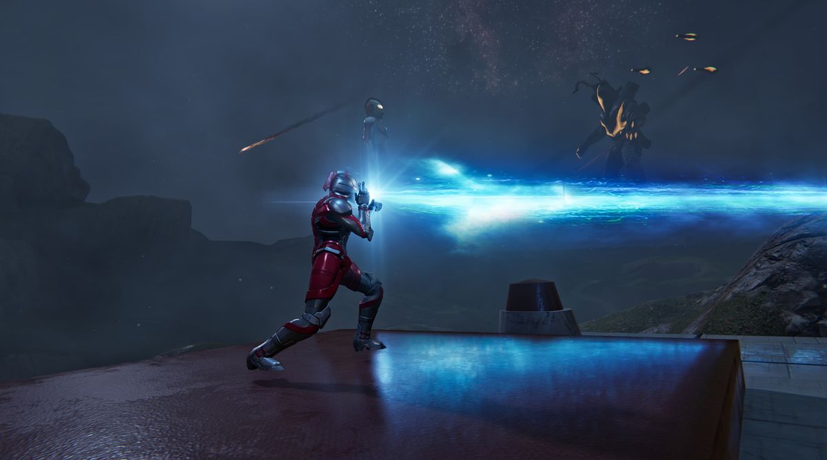 玩家角色做出奥特曼发射光线的经典姿势，双手交叉于胸前，前方有蓝色能量光束特效