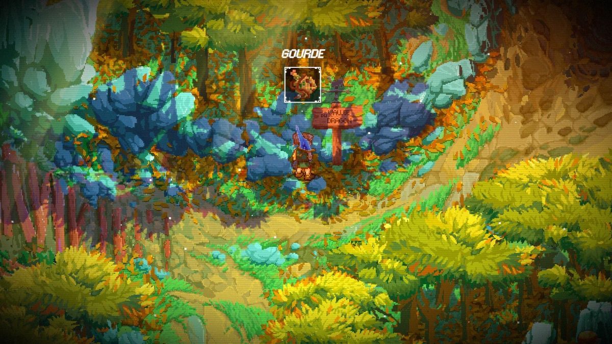 主角在古老石门前蹲下研究符文，周围布满藤蔓和发光晶体，凸显解谜场景细节