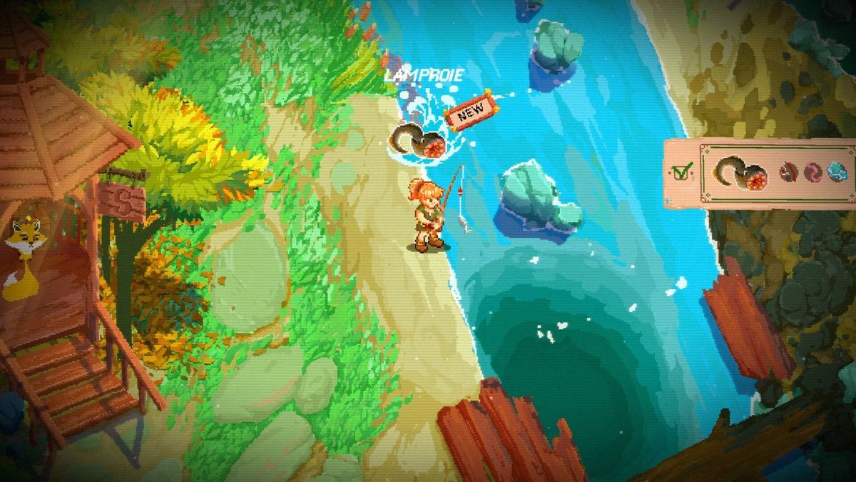 河流边的钓鱼场景，主角手持钓竿，水面泛起涟漪，背景是层叠的山峦和漂浮的云朵