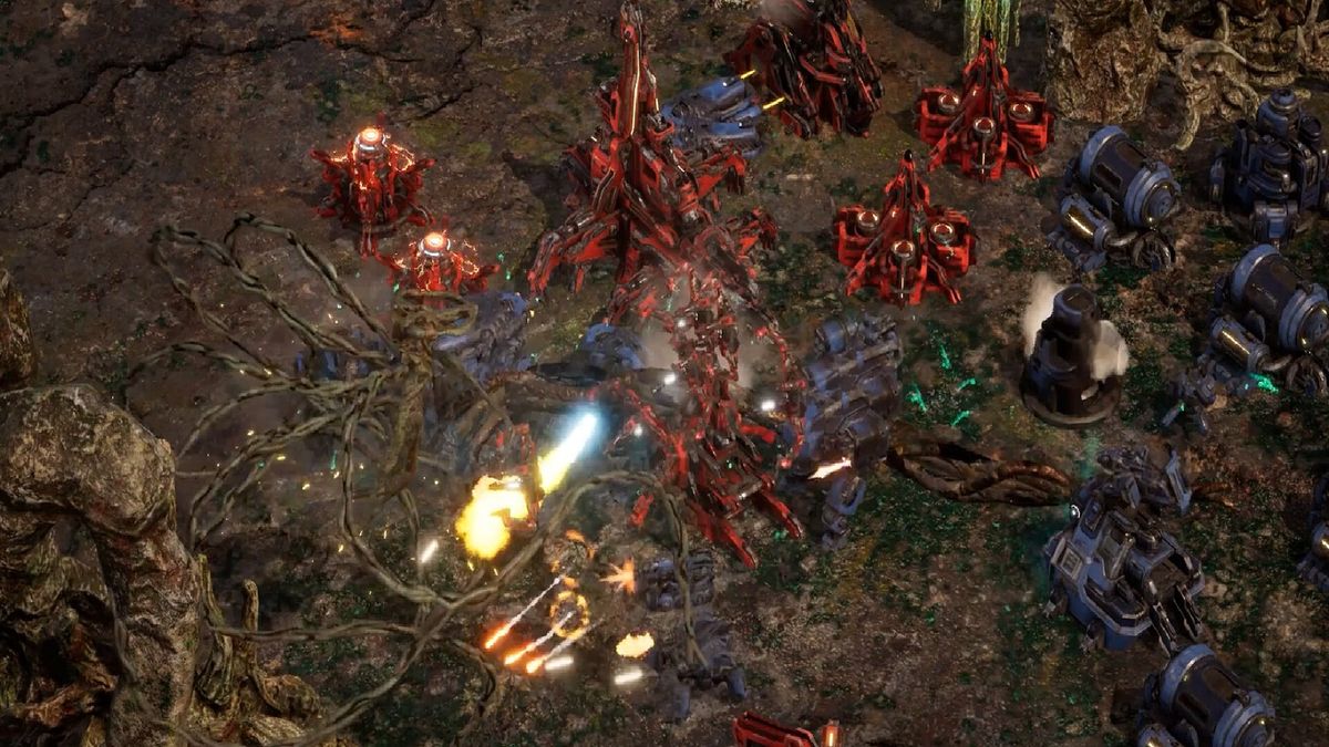 玩家基地建设界面，显示多种未来风格建筑与防御工事布局