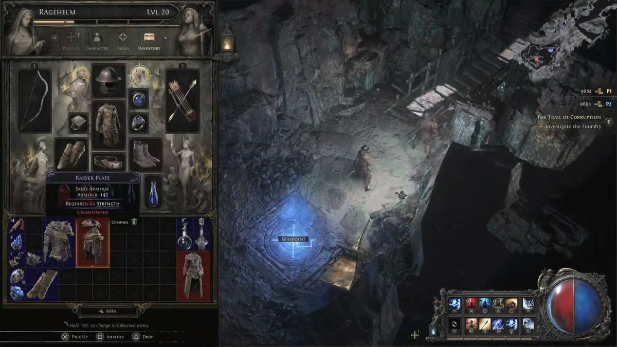 《流放之路2》游戏实机画面，展示角色在阴暗地牢中与怪物激烈战斗，技能特效绚丽，环境细节丰富