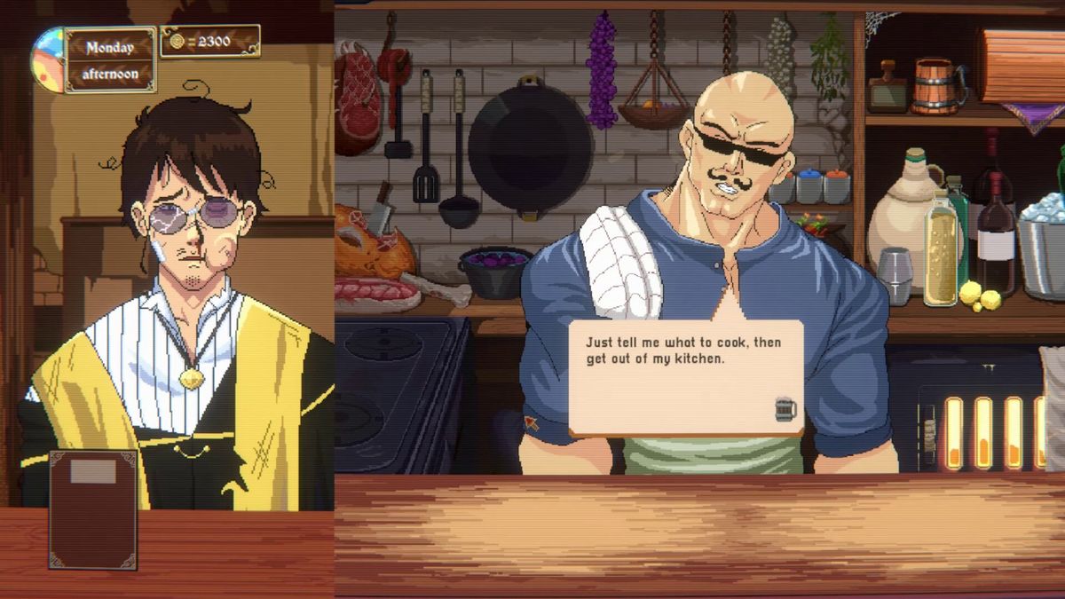 主角与一名披风冒险者在酒馆内对话，背景有壁炉与木制装潢，画面色调温暖，呈现浓厚的日式奇幻风格