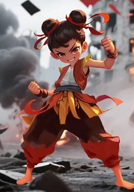 技能界面展示哪吒释放三昧真火效果，地面燃起蓝色高温火焰，敌人被多层灼烧标记覆盖，视觉特效华丽