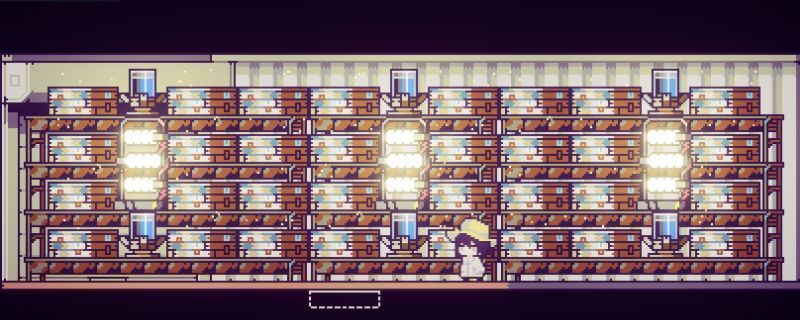 《多洛可小镇》中大型集装箱内部布局示意图，展示种植盆、洒水器和补光灯的有序排列