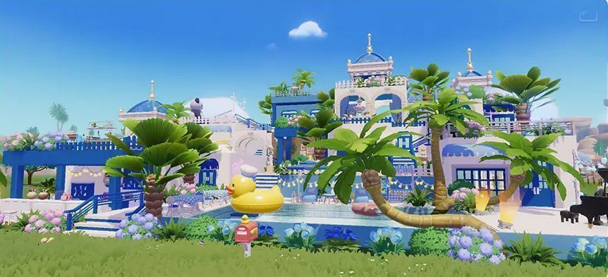 玩家家园内部视角，房间内摆放着木质家具与绿植，阳光透过窗户洒落，猫咪趴在沙发上打盹