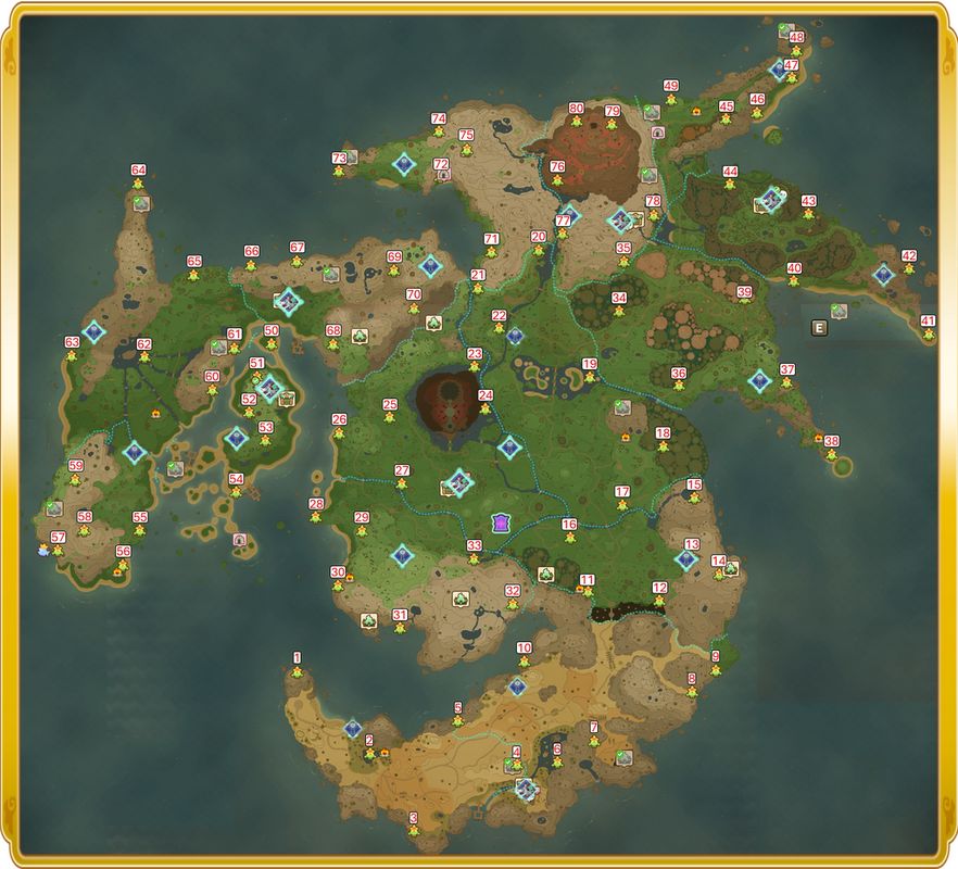 《幻想生活ｉ》全地图叶斑分布示意图，多个亮点标记散布于森林、山地与村落之间，配有编号说明