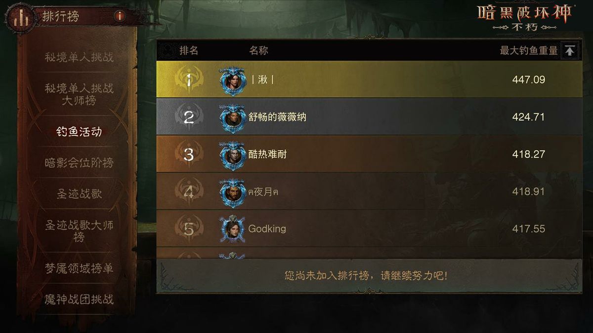 钓鱼排行榜界面截图，显示多名玩家的钓获重量排名，榜首玩家获得‘鱼王’称号特效