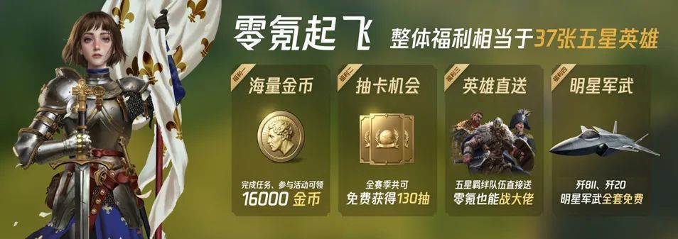 抽卡界面展示五星英雄与联动军武卡牌，右下角标注‘20抽必得五星’