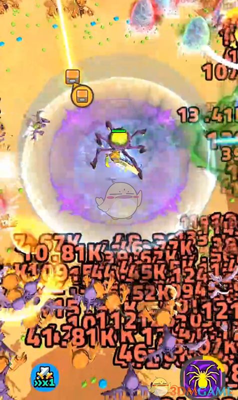 技能演示图显示地面布满发光蛛网，敌人被困其中行动迟缓，周围有紫色伤害数字飘起