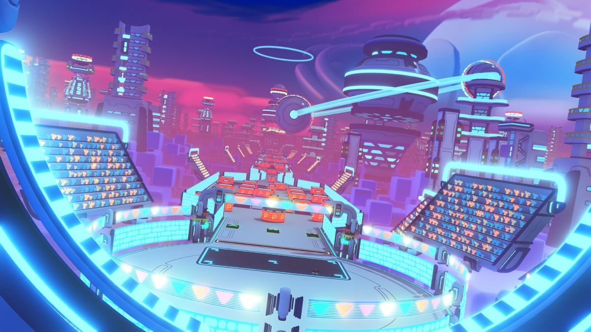 赛道场景截图，展示反重力轨道环绕行星运行，赛车在空中翻转飞跃障碍