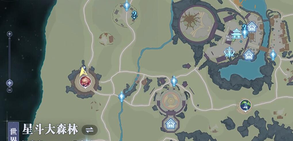 地图标注六个回忆碎片点位，红点清晰分布于森林、湖泊与火山区域