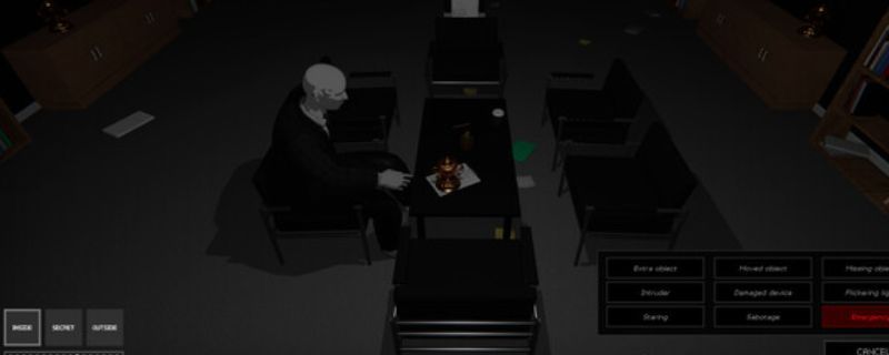 《办公室杀手》游戏画面截图，昏暗的办公室内灯光闪烁，桌椅凌乱，充满紧张与恐怖氛围