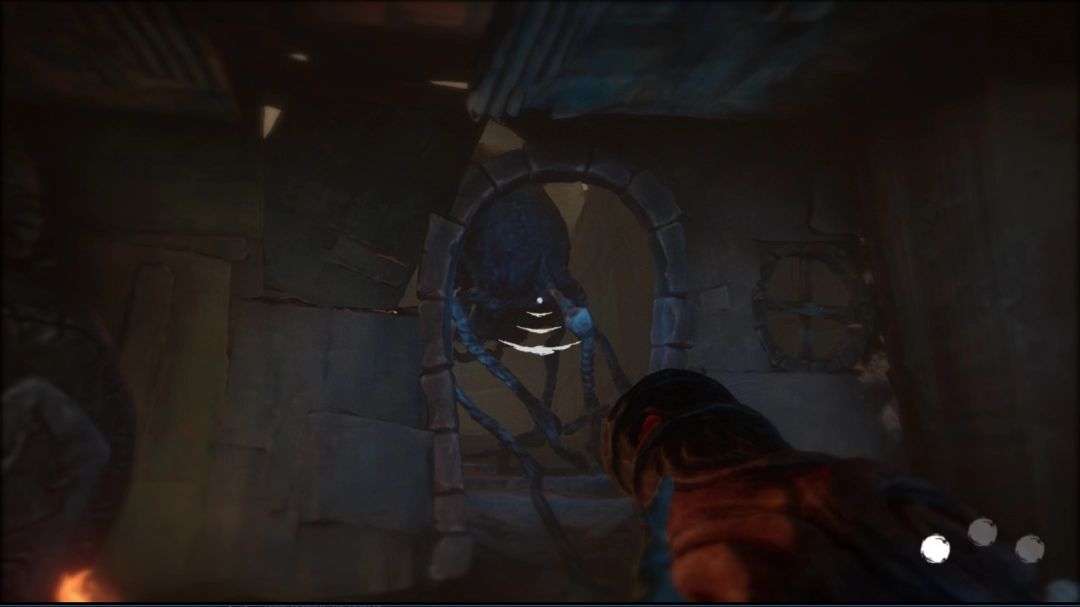 《午夜漫步》第四章洞穴场景，地面散落火柴盒，远处隐约可见笑脸怪轮廓