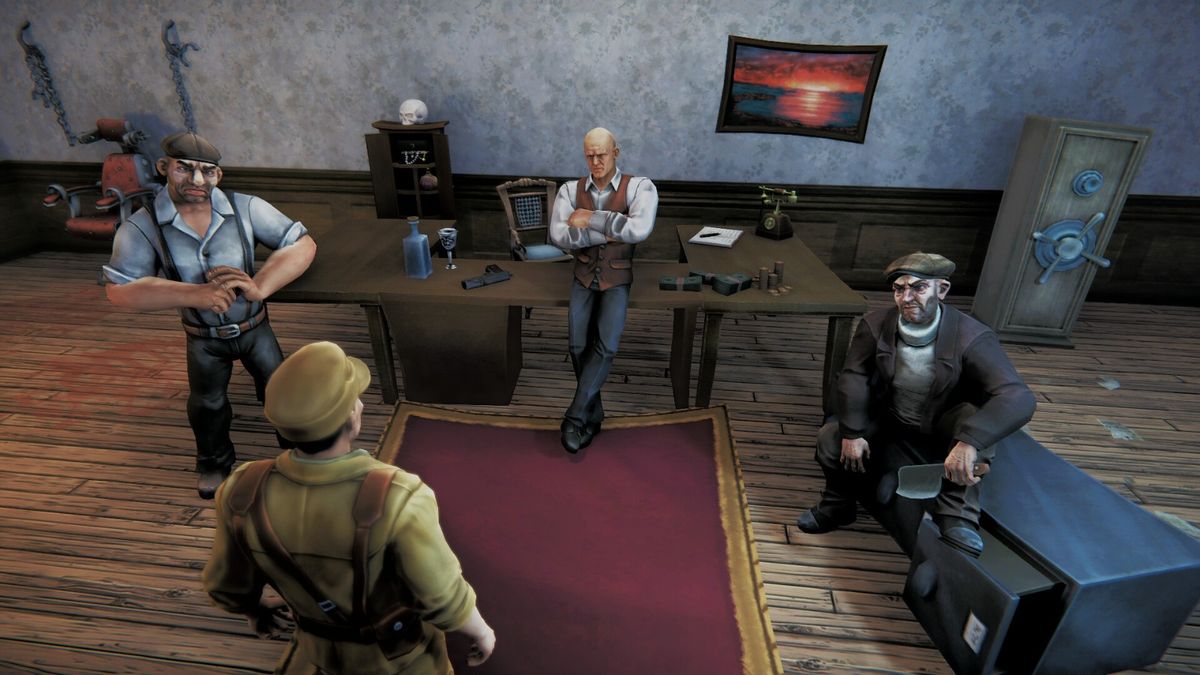 主角与一名戴面具的神秘人物在屋顶会面，背景雷雨交加