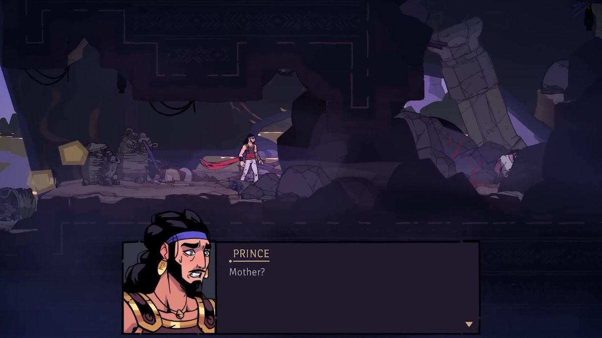 金矿区域俯视图，王子在狭窄矿道中躲避落石